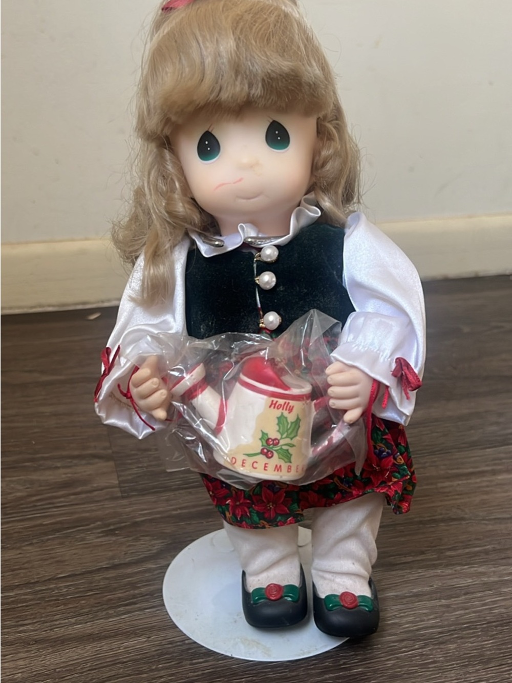 Christmas Holly Doll with Black Vest and White Dress